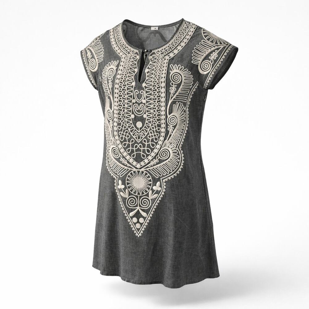 THEME Dress Size S Gray Ivory Shift Above Knee Linen Cap Sleeve Office
